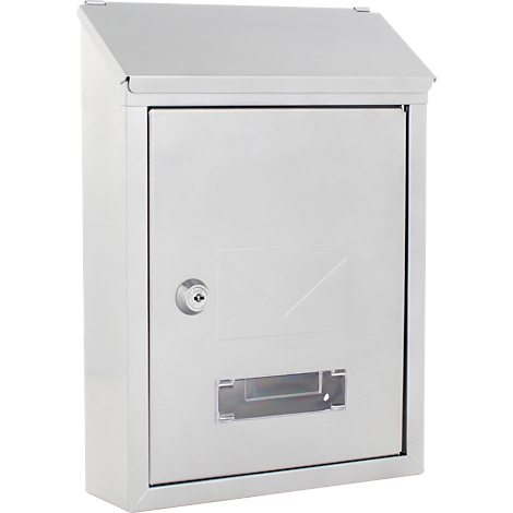 Une boîte aux lettres gris clair avec un toit incliné, une serrure et une fente pour les lettres.