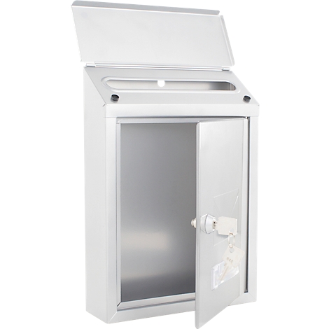 Boîte aux lettres murale blanche avec porte ouverte, clés insérées.