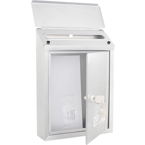 Boîte aux lettres blanche ouverte avec rabat. La boîte aux lettres est sécurisée par une serrure, et une enveloppe est visible à l'intérieur.