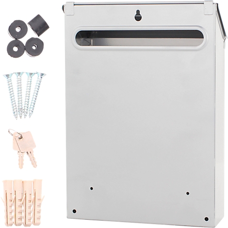 Une boîte aux lettres murale grise avec accessoires (vis, chevilles, joints, clés).