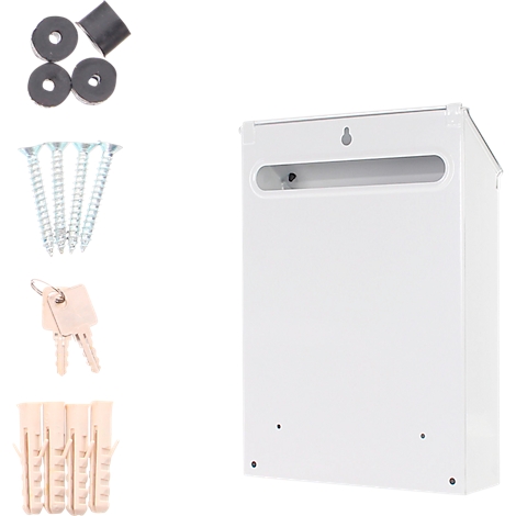 Boîte aux lettres blanche avec accessoires : vis, chevilles, clés, tampons en caoutchouc.