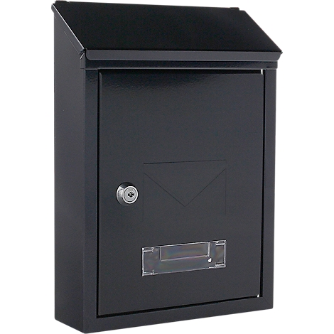 Boîte aux lettres noire avec toit, serrure et fenêtre.