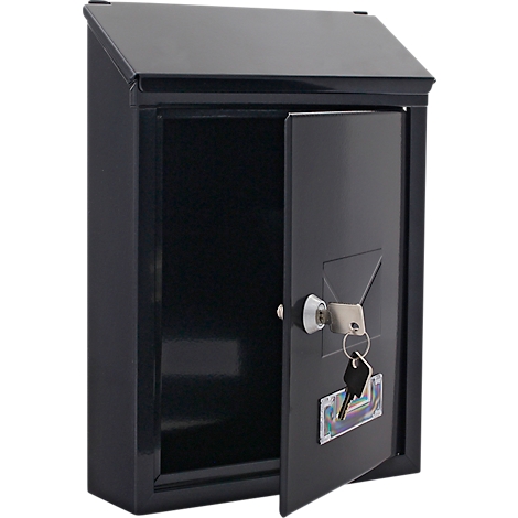 Boîte aux lettres gris foncé, porte ouverte, clés insérées. Un autocollant rectangulaire sur la porte.