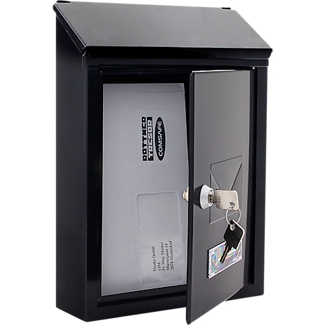 Boîte aux lettres noire avec une porte ouverte, contenant une lettre. Des clés sont dans la serrure.