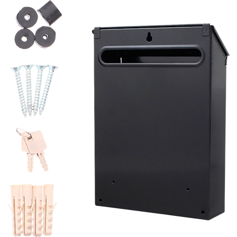 Boîte aux lettres noire avec accessoires tels que vis et chevilles. Accessoires à gauche, boîte à droite.