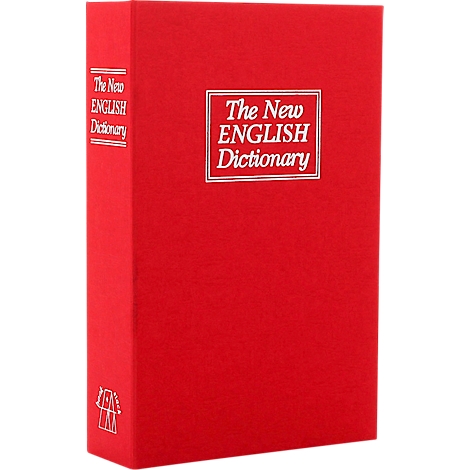 Livre rouge avec texte blanc, "The New English Dictionary".