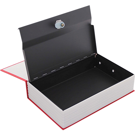 Boîte secrète ouverte en forme de livre, noire, dos rouge, avec serrure.