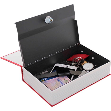 Coffre-fort en forme de livre avec couvercle ouvert. A l'intérieur se trouvent des objets de valeur, tels qu'un smartphone, des clés, des billets de banque et une montre.