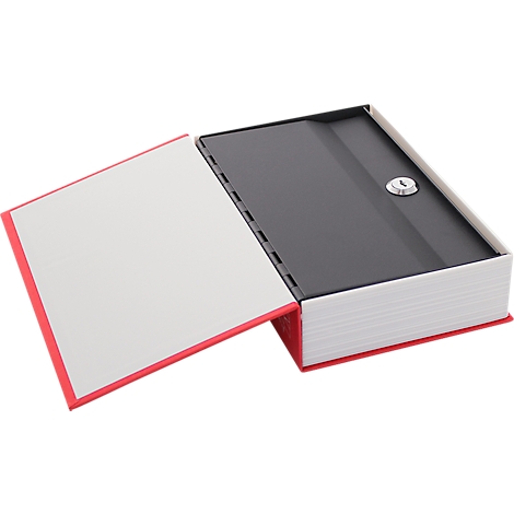 Un livre qui s'ouvre pour révéler un coffre-fort. Couverture rouge, pages blanches, coffre-fort gris avec trou de serrure.