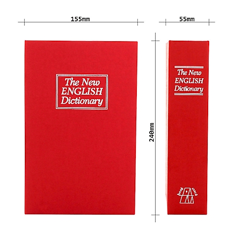 Livre rouge intitulé "The New ENGLISH Dictionary". À côté, une vue de côté avec des indications de taille.