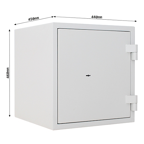 Witte kluis met afmetingen en sleutelgat. Op witte achtergrond. 460 mm hoog, 450 mm breed en 440 mm diep.