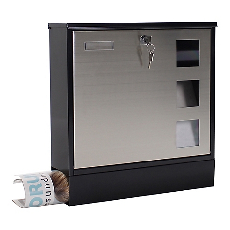 Schwarzer und silberner Briefkasten. Die Tür ist aus glänzendem Metall mit einem Schlüsselloch, einem Schlitz und Sichtfenstern.