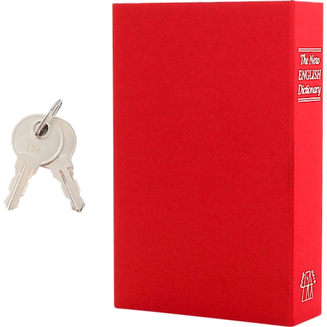 Rotes Buch mit dem Titel "The New English Dictionary", daneben zwei Schlüssel. Es ist eine Geheimversteck-Box.