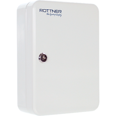 Coffre-fort à clés blanc avec le logo Rottner. Une serrure est visible au milieu.