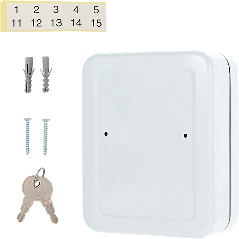 Boîte métallique blanche avec vis, chevilles, clés et plaque d'immatriculation.