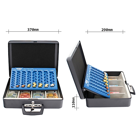 Mallette grise avec insert bleu pour argent factice et billets, à côté les dimensions.