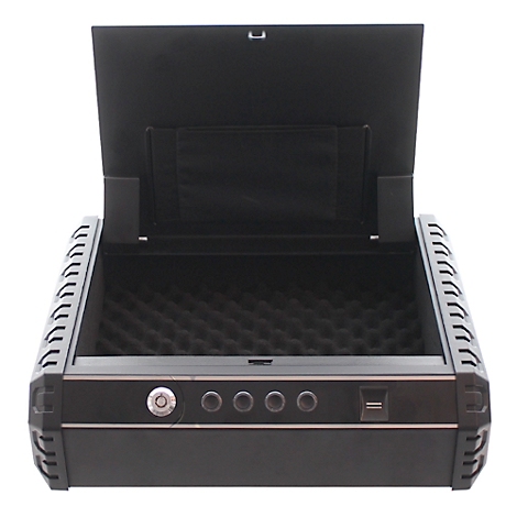 Coffre-fort noir avec couvercle ouvert. Intérieur doublé de mousse, serrures, boutons et port USB à l'avant.