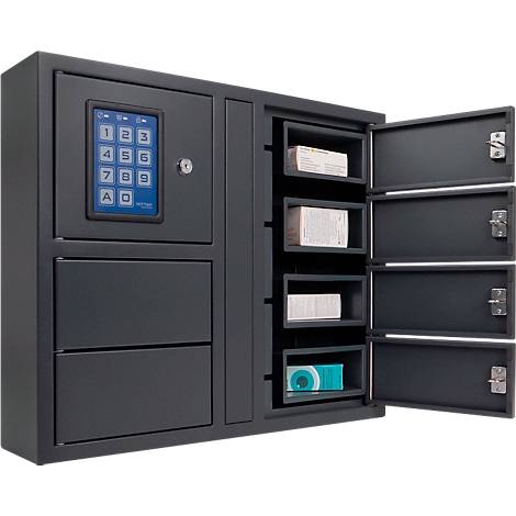 Armoire grise avec serrure à clavier et compartiments ouverts avec médicaments. Détails : tiroirs, plusieurs compartiments, saisie de code bleu.