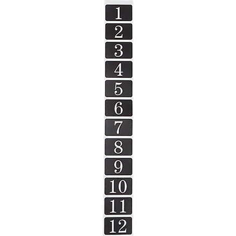 Image en noir et blanc : Douze blocs noirs rectangulaires avec chacun un numéro blanc de un à douze.