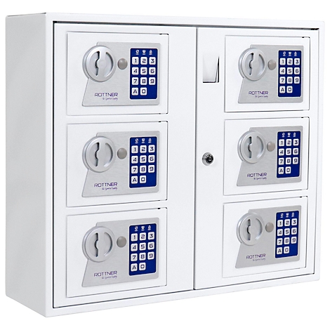 Coffre-fort d'armoire blanc avec six compartiments. Chaque compartiment est équipé d'un verrou à clavier et d'une poignée rotative. La marque est ROTTNER.
