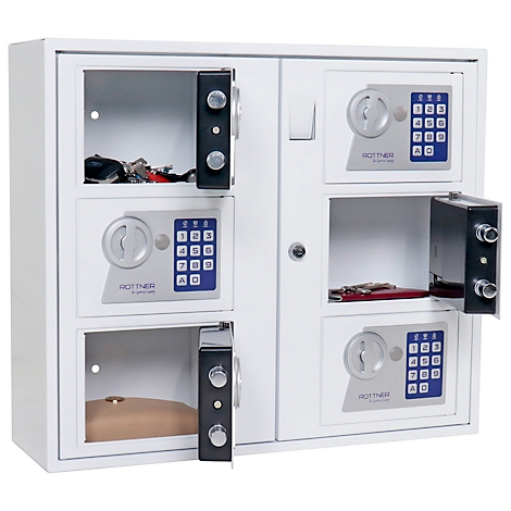 Coffre-fort à clés blanc avec plusieurs compartiments, certaines portes ouvertes. Chaque compartiment possède un cadenas à combinaison avec des boutons bleus et un bouton rotatif argenté.