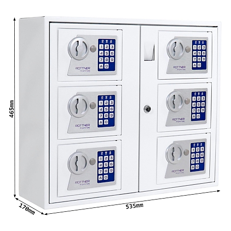 Armoire blanche avec six petits coffres-forts, chacun avec un verrou à combinaison. Le produit est affiché avec ses dimensions.