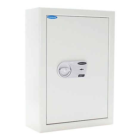 Coffre-fort blanc avec bouton et logo. Sur fond blanc.