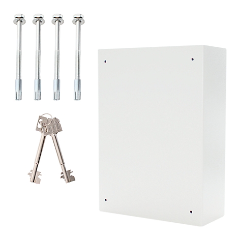 Armoire blanche avec clés et vis. Quatre vis et deux clés sont à côté de l'armoire.