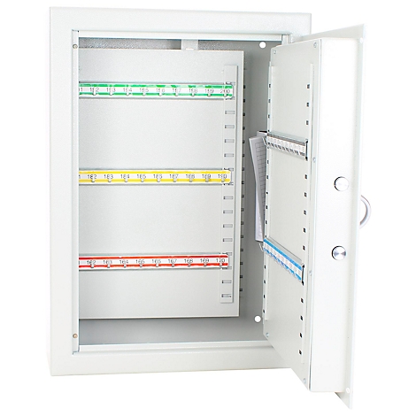 Coffre-fort blanc avec porte ouverte, montrant des porte-clés colorés et une liste.
