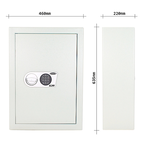 Coffre-fort gris clair avec serrure à combinaison et dimensions. Vue latérale avec 220mm, avant avec 460mm, hauteur 635mm.