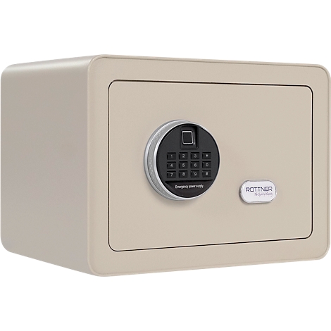 Coffre-fort beige avec clavier numérique et capteur d'empreintes digitales. Petit panneau indiquant "Rottner".