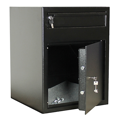 Boîte aux lettres noire avec porte ouverte et clés. Une fente d'entrée en haut, une porte en bas, montrant l'intérieur.