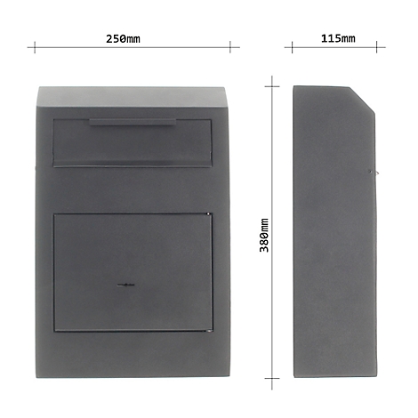 Boîte aux lettres gris foncé avec dimensions. Fente supérieure, porte inférieure, à côté vue latérale avec dimensions. Sur fond blanc.