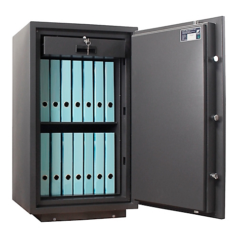 Coffre-fort gris, porte ouverte, dossiers bleu clair. Un tiroir avec une clé en haut. La porte gauche est ouverte.