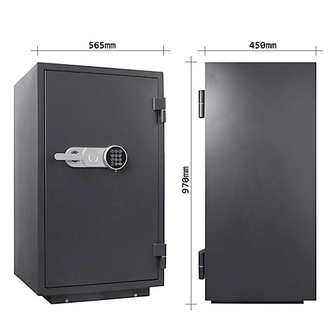 Coffre-fort gris avec serrure électronique, dimensions en mm indiquées.