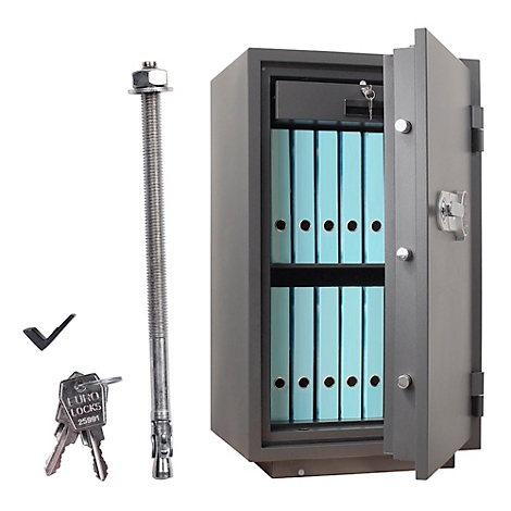 Coffre-fort gris avec porte ouverte. Dossiers bleus à l'intérieur, à côté des clés et de la vis.