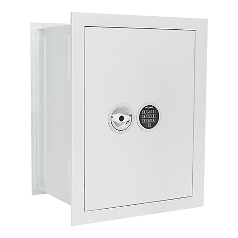 Un coffre-fort blanc avec un bouton rotatif rond et un pavé numérique, sur fond blanc.