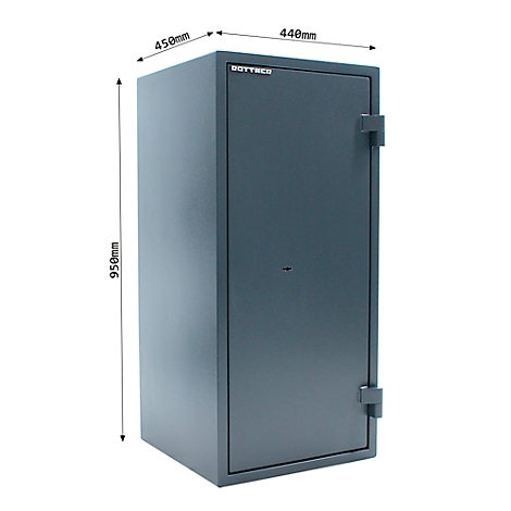 Coffre-fort gris foncé avec porte, dimensions et logo de l'entreprise. 950 mm de haut, 450 mm de large, 440 mm de profondeur.