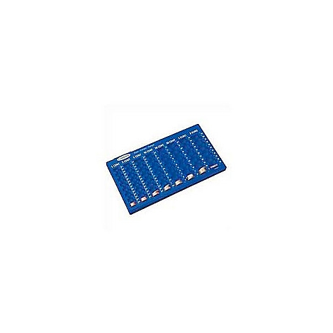 Blue coin counting tray with slots for coins. White labels: 1 cent to 2 euros.