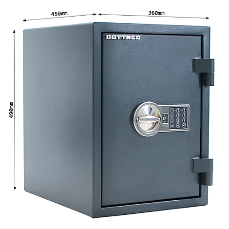 Grauer Tresor mit elektronischem Zahlenschloss und Markenlogo.