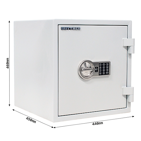 Weisser Tresor mit digitalem Schloss, Masse 450mm x 450mm x 440mm. Aufschrift: "NUT-TECH".