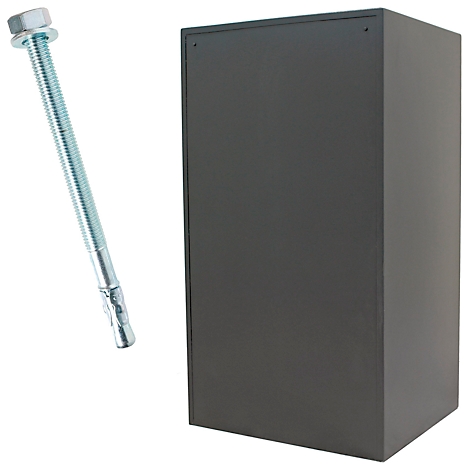 Ein grauer Metallschrank und eine Schraube mit Sechskantkopf und Konus.