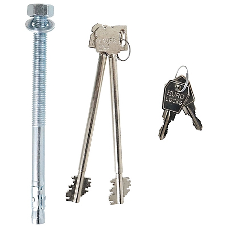 Metallschraube, Schlüssel und Schlüsselbund mit "Euro Locks"-Gravur.