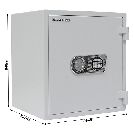 Ein weißer Tresor mit elektronischem Zahlenschloss. Maße sind 500x432x540mm.