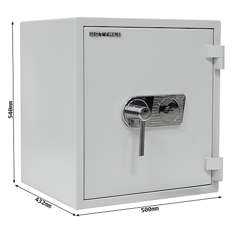 Weißer Tresor mit silbernem Griff, Maßangaben: 540mm x 432mm x 500mm.