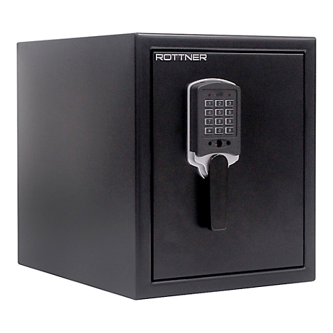 Black safe with keypad and handle. 'ROTTNER' is written above the lock.