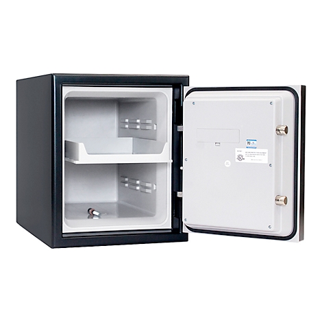Open black safe with white interior and two shelves.