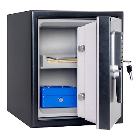 Open safe with digital lock, key, and blue safe.