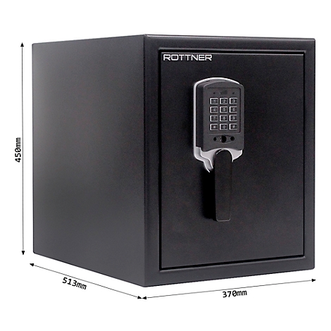 Black safe with keypad and handle. Dimensions are given. Rottner inscription.