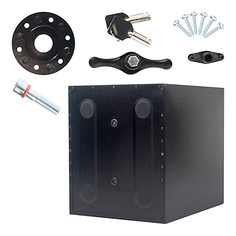 Black cube with accessories: keys, screws, lever. All against a white background.